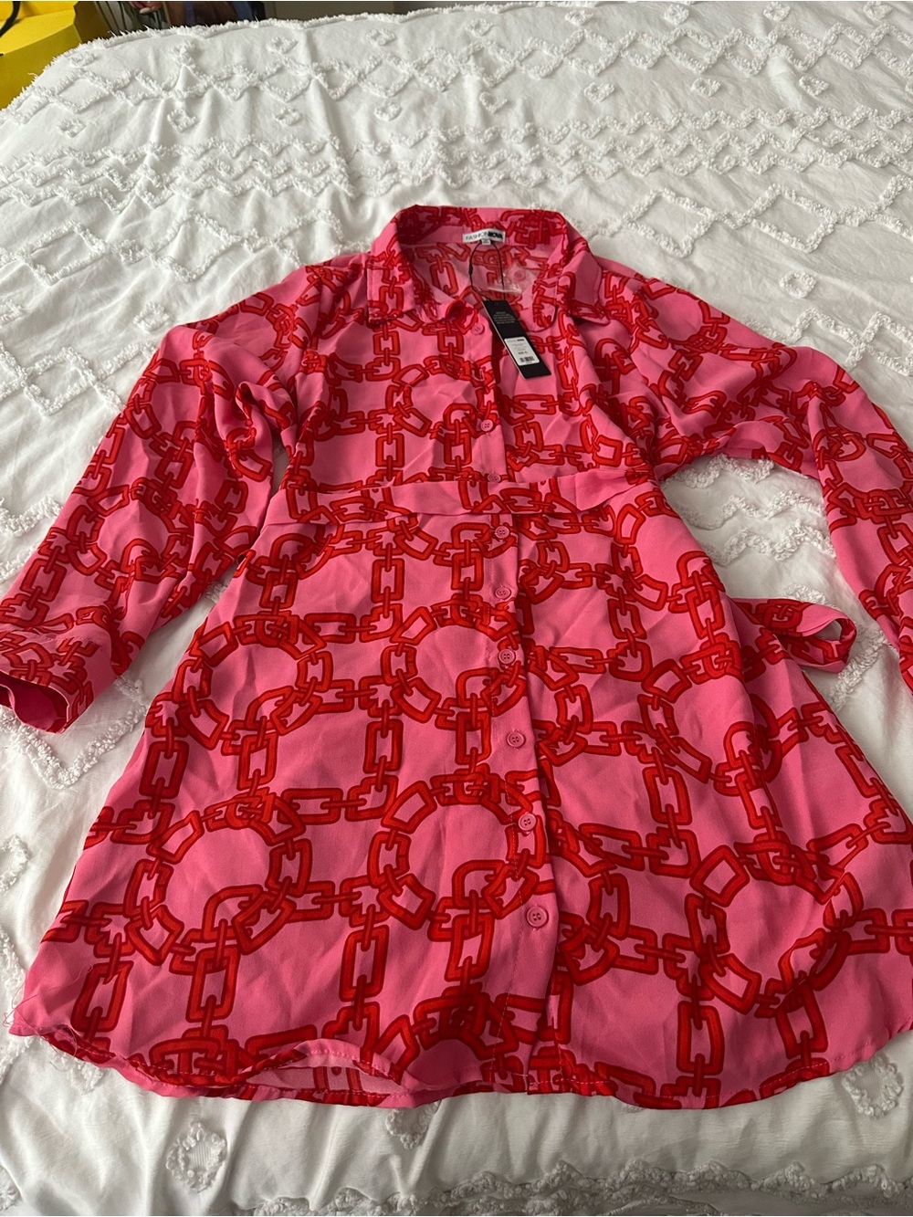 Fashion Nova Pink Dress with Red Chain Print - Long Sleeve Button Front